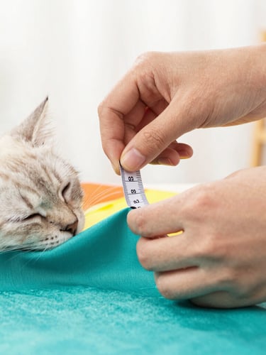 Close-up of hands carefully measuring a colorful teal fabric next to a sleeping kitten, warm soft studio lighting, shallow depth of field
