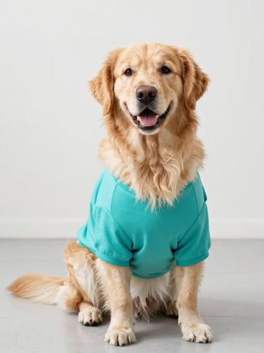 A happy fluffy golden retriever wearing a bright teal custom-fit shirt, sitting proudly on a clean light-grey studio floor, smiling, soft natural daylight, shallow depth of field, 35mm