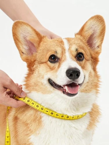 Close up of hands gently measuring a happy Pembroke Welsh Corgi with a soft yellow measuring tape, bright high-key pet photography, soft natural daylight, vibrant colors