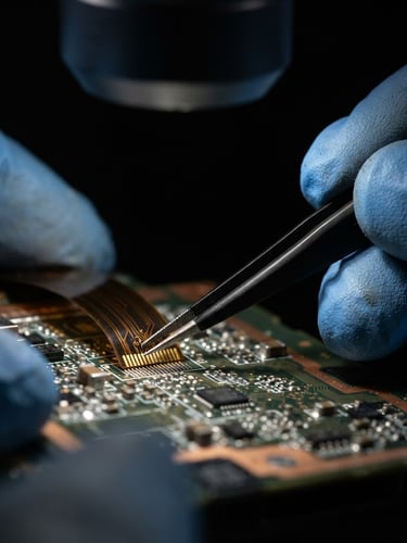 Extreme macro close-up of a technician hands using micro-tweezers to align a flexible copper ribbon cable under a bright clinical microscope, sharp metallic textures, dark background