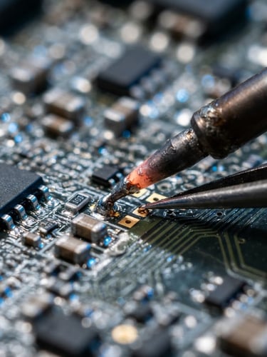 Macro shot of a high-tech micro-soldering iron tip touching a circuit board, bright clinical white light, electric blue reflections on metallic components, shallow depth of field