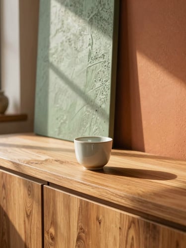 Warm sunlit showroom with elegant terracotta and sage green textured panels, a ceramic cup resting on a durable wood-grain counter, golden hour light.