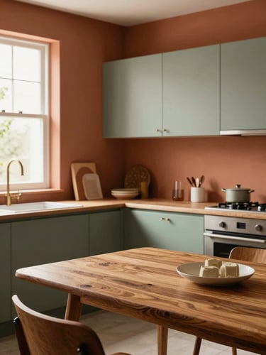 A beautifully designed modern kitchen showroom with terracotta walls, sage green cabinets, and a warm wood-grain dining table under soft window light, showcasing slow-living home aesthetic.