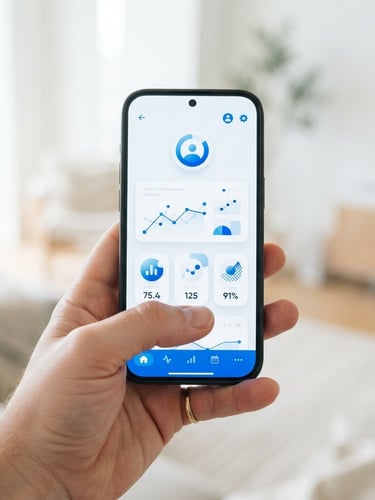 Close-up of a hand comfortably holding a modern smartphone, screen displaying a clean, simple app interface, bright natural daylight, soft shadows, clean white and blue tones, 35mm, shot from eye-level.