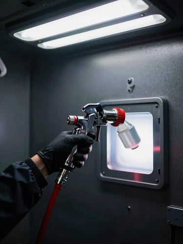 Close-up of a professional technician in a clean uniform operating a paint gun inside a glowing pressurized paint cabin, sharp red accents, high-contrast