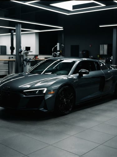 Dramatic automotive photography of a clean, modern workshop bay with sharp overhead LED lights, focusing on a luxury vehicle, 35mm lens