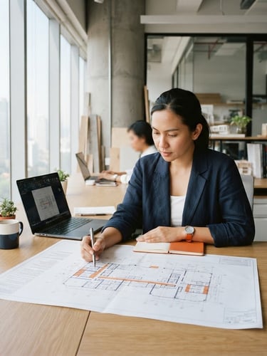 A modern minimalist architectural office in Jakarta, a professional architect reviewing blueprints on a desk, soft natural morning light, navy and orange color accents, 35mm photography