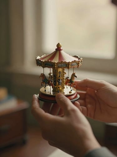 Close-up of a collector's hands carefully holding a vintage wind-up tin carousel, warm low-key lighting, soft shadows, 35mm film.