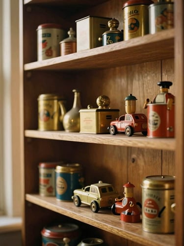 Warm heritage photography of handcrafted oak shelving filled with vintage tin toys, soft golden-hour window light, rich amber tones, shallow depth of field, 35mm film