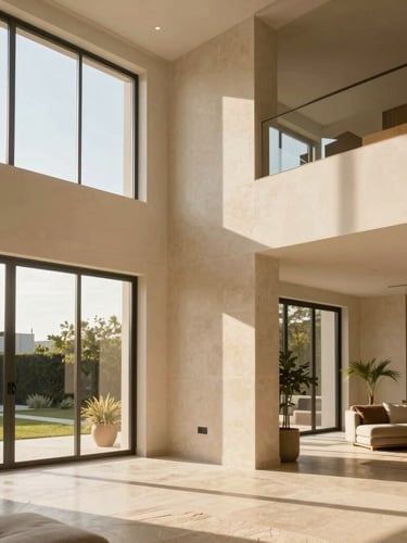 Warm editorial photograph of a bright, sun-drenched modern Peruvian residential interior with clean architectural lines, high ceilings, large windows letting in soft golden hour daylight, elegant stone finishes.