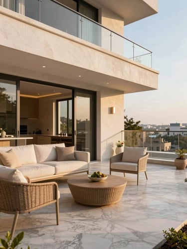 Sun-drenched private terrace of a modern penthouse, elegant outdoor furniture, marble tiles, soft golden hour lighting, architectural details
