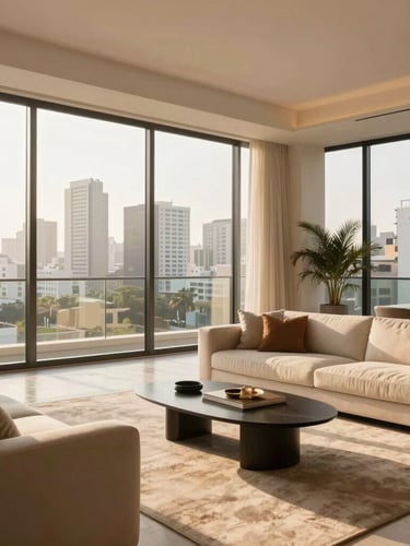 Bright sun-filled modern penthouse living room in San Isidro, Lima, large floor-to-ceiling windows showing city skyline, elegant minimal furniture, warm golden hour light, 35mm lens