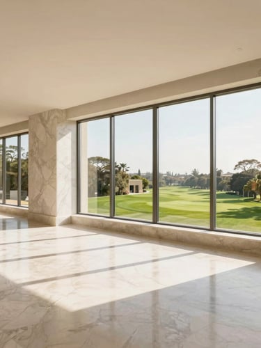Bright architectural interior of a luxury penthouse in San Isidro, wide-angle view showing high-end marble finishes, floor-to-ceiling windows overlooking a green golf course, warm natural daylight, 35mm lens