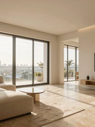 Bright architectural interior of a luxury apartment in San Isidro, warm stone floors, large windows with soft daylight, minimal high-end furniture.