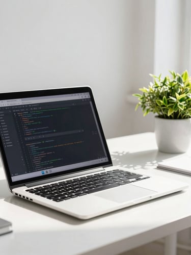 Bright natural daylight, professional remote workspace with clean desk, laptop showing code, and green plant, high-end editorial corporate photography