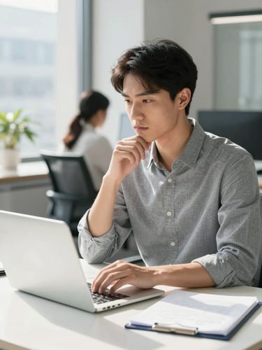 A focused young professional working at a clean, sunlit desk with a laptop, looking thoughtful and engaged, bright natural daylight, high-end editorial style.