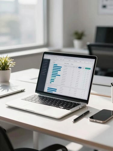 A bright modern workspace with a clean laptop displaying dashboard analytics, sunlight streaming through a window, professional remote work environment