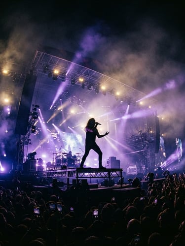 Low-angle shot looking up at a massive festival stage, intense purple spotlights cutting through heavy haze, a silhouetted performer holding a microphone, 35mm film grain.