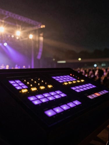 Low-angle dynamic shot of a concert soundboard at night, glowing purple and gold indicators, blurred stage lights and hazy atmosphere in the background, 35mm film grain