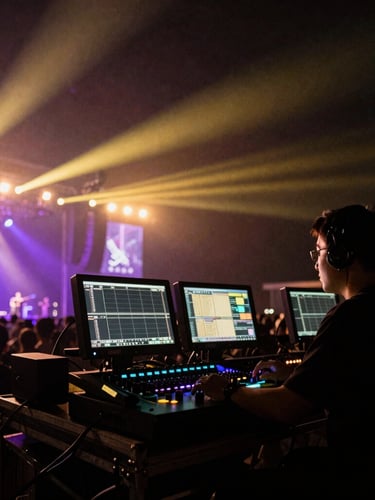 Low-angle dynamic shot of a concert soundboard operator at night, glowing purple and gold monitor screens, stage lights cutting through haze in the background, 35mm film grain