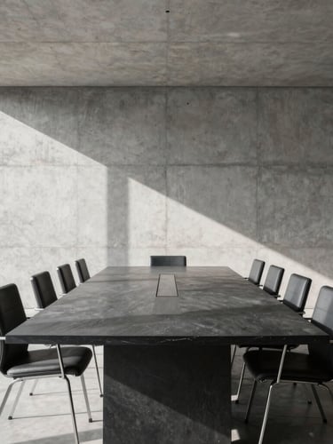 High-contrast architectural wide angle of a minimalist concrete office boardroom, sharp directional morning light casting geometric shadows across a long slate table, empty chairs, premium corporate atmosphere.