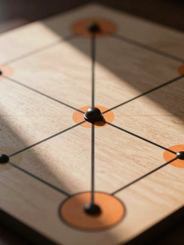 Extreme close-up of a high-end physical strategy board with sharp black lines and minimalist orange markings under directional window light.