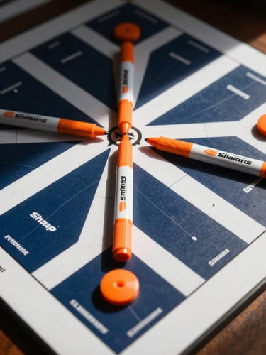 Sharp close-up of a physical strategy board with deep navy and safety-orange markers, high-contrast directional natural light.