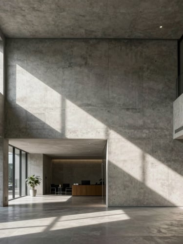 Architectural wide angle of a modern minimalist concrete office lobby with sharp geometric shadows and directional natural light