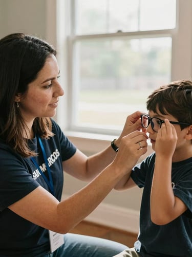 A warm editorial photograph of a San Marcos volunteer in a bright, sunlit room helping a young child try on a new pair of eyeglasses. Natural daylight streams through a window, rich authentic colors, shallow depth of field, 35mm.