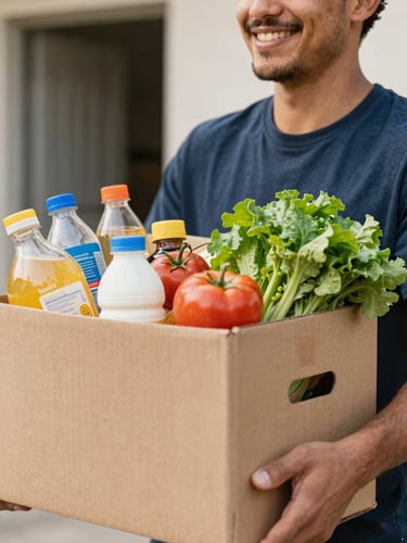 Warm daylight photo of a local volunteer smiling while carrying a box of fresh groceries, close-up, shallow depth of field, 35mm