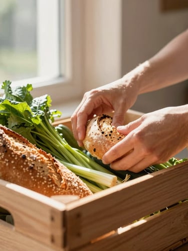Hands carefully packing organic vegetables and fresh bread into a wooden crate, warm natural sunlight from a window, shallow depth of field