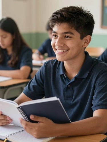 A warm editorial photograph of a young Hispanic high school student smiling in a sunlit classroom, holding a notebook, natural daylight, 35mm