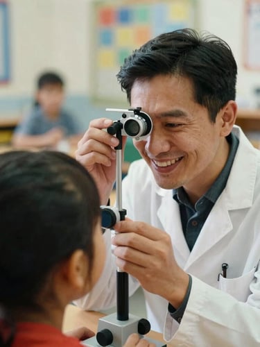 A close-up of a warm, smiling optometrist conducting a non-invasive eye screening for a young child in a brightly lit San Marcos school classroom, 35mm.