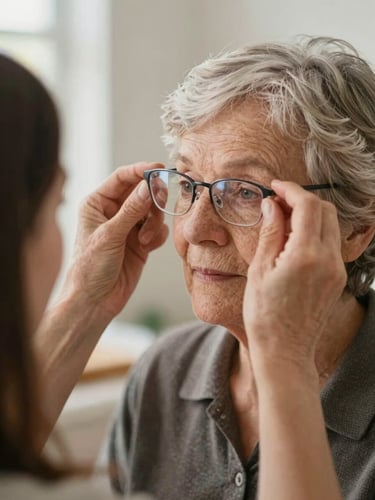 Warm close-up of a volunteer assisting an elderly woman adjusting her new prescription glasses, natural daylight, soft focus background, 35mm.
