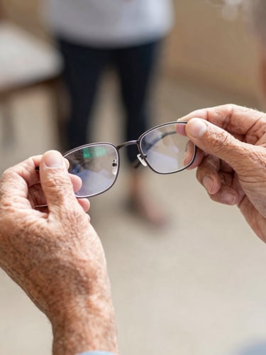 Close-up of a volunteer's hands gently adjusting a pair of eyeglasses for an elderly resident, warm natural daylight, shallow depth of field, 35mm.