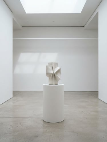 A minimalist gallery photography of a clean white exhibition space, soft diffused daylight, neutral white and grey tones, sharp focus, 50mm