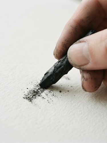 Extreme macro detail of a hand holding charcoal over heavy cotton paper, soft natural daylight, minimalist gallery photography, neutral white and grey tones, sharp focus, 50mm