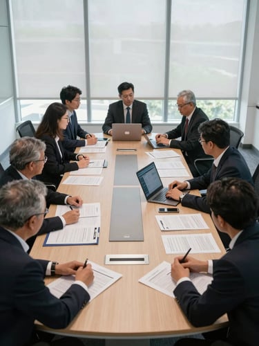 Wide environmental shot of a corporate boardroom in active session, natural daylight through floor-to-ceiling windows, executives leaning over a long table covered with printed documents and a laptop showing a data dashboard, overhead angle revealing the full table and chairs, documentary framing with no posed expressions, deep navy and neutral tones