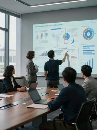 Wide environmental shot of a boardroom in session, three professionals studying a large wall of data visualizations and printed strategy documents, soft daylight from tall windows on the left, high contrast between the lit wall and the shadowed room, shot from the back of the room looking toward the analysts
