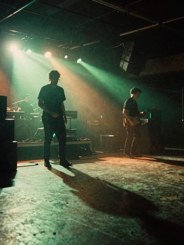 Low-angle shot of an empty music venue during soundcheck, dramatic backlighting casting long shadows, acid green and orange neon flares, gritty 35mm film.