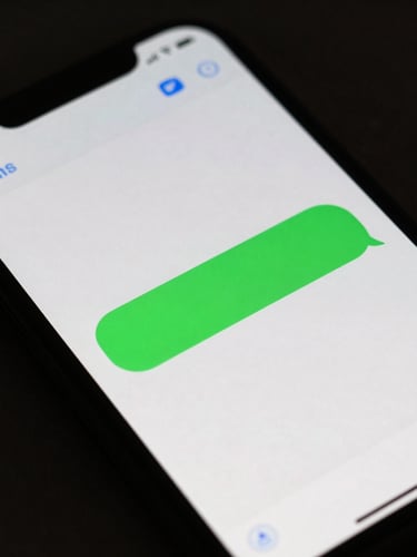 Macro close-up of a smartphone screen displaying an instant automated SMS chat with a customer, glowing emerald green notification light, dark charcoal background, 35mm lens, dark editorial photography