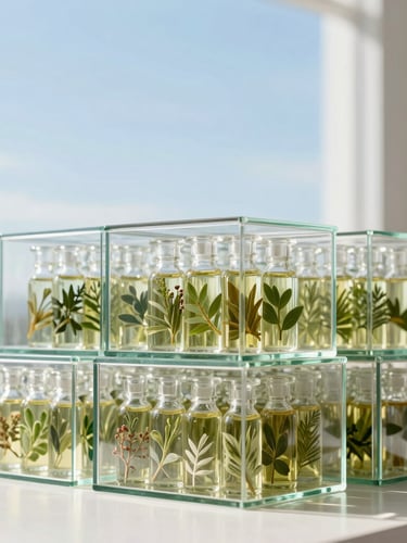 Structured wholesale crates filled with pristine glass bottles of botanical oils, stacked neatly in a bright modern space with morning light