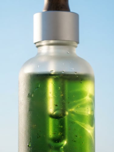 Extreme close-up of premium cold-pressed botanical oil in a frosted glass vessel, soft morning sunlight refracting through the green liquid, clean sky blue background, minimal composition