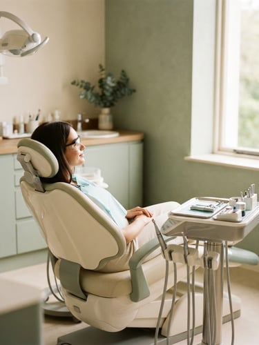Bright and clean modern dental clinic interior, with soft sage green and warm cream tones, a comfortable patient chair visible, soft natural daylight, shallow depth of field, 35mm