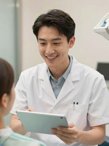 Portrait of a friendly dentist in a modern, clean dental office, gently explaining something to a patient (back of head visible) with a tablet, soft natural light, warm and reassuring interaction, shallow depth of field.