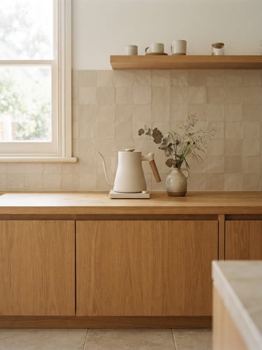 Straight-on architectural shot of a bright minimalist kitchen counter, a matte textured cream kettle sitting next to a small ceramic vase, soft natural window light, muted earthy tones.