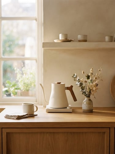 Straight-on architectural shot of a sunlit kitchen counter with a styled cream kettle and small ceramic vase, soft natural window light, warm minimalist composition, 35mm lens