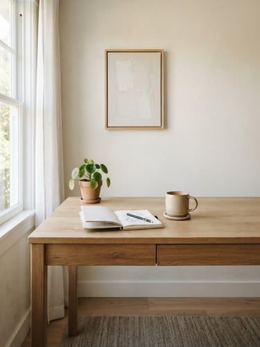 Straight-on architectural shot of a bright, minimalist workspace, styled oak desk with a ceramic mug and a clean notebook, soft natural window light, muted earthy tones.