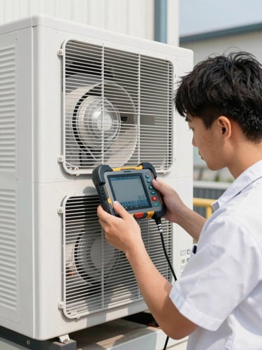 Tight action-oriented shot, bright natural daylight, a professional technician in clean uniform adjusting a digital diagnostic tool connected to a modern ventilation system, sharp focus on technical details, 35mm lens.