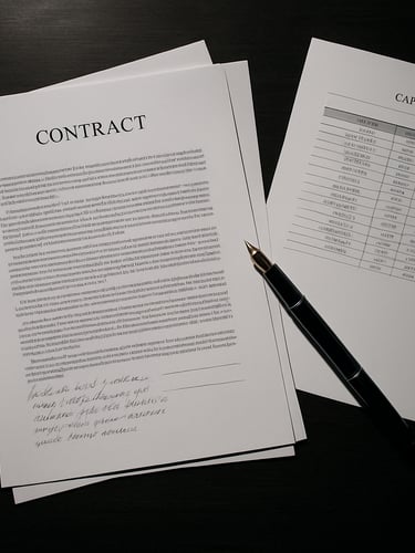 Overhead flat-lay of deal artifacts on a dark conference table — unsigned contract pages, a cap table printout, a fountain pen resting beside handwritten margin notes, studio strobe lighting casting hard-edged shadows, no people